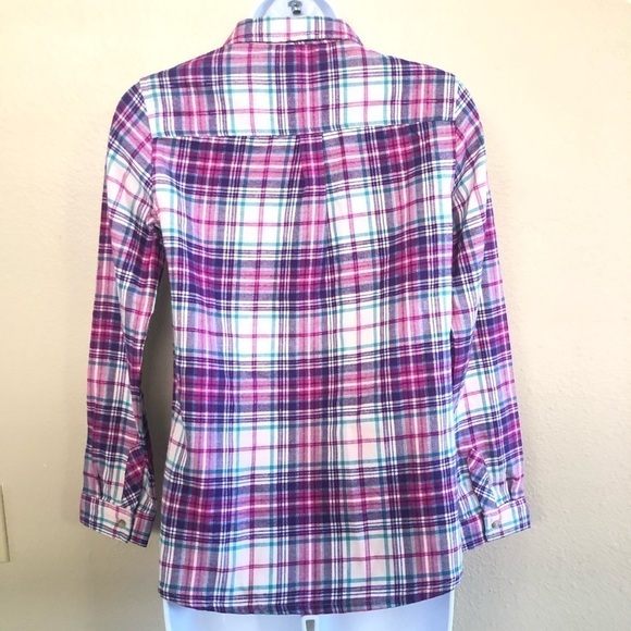 Land’s End Girls Button Down Flannel Shimmer Plaid Shirt Size L-14 - Picture 2 of 15